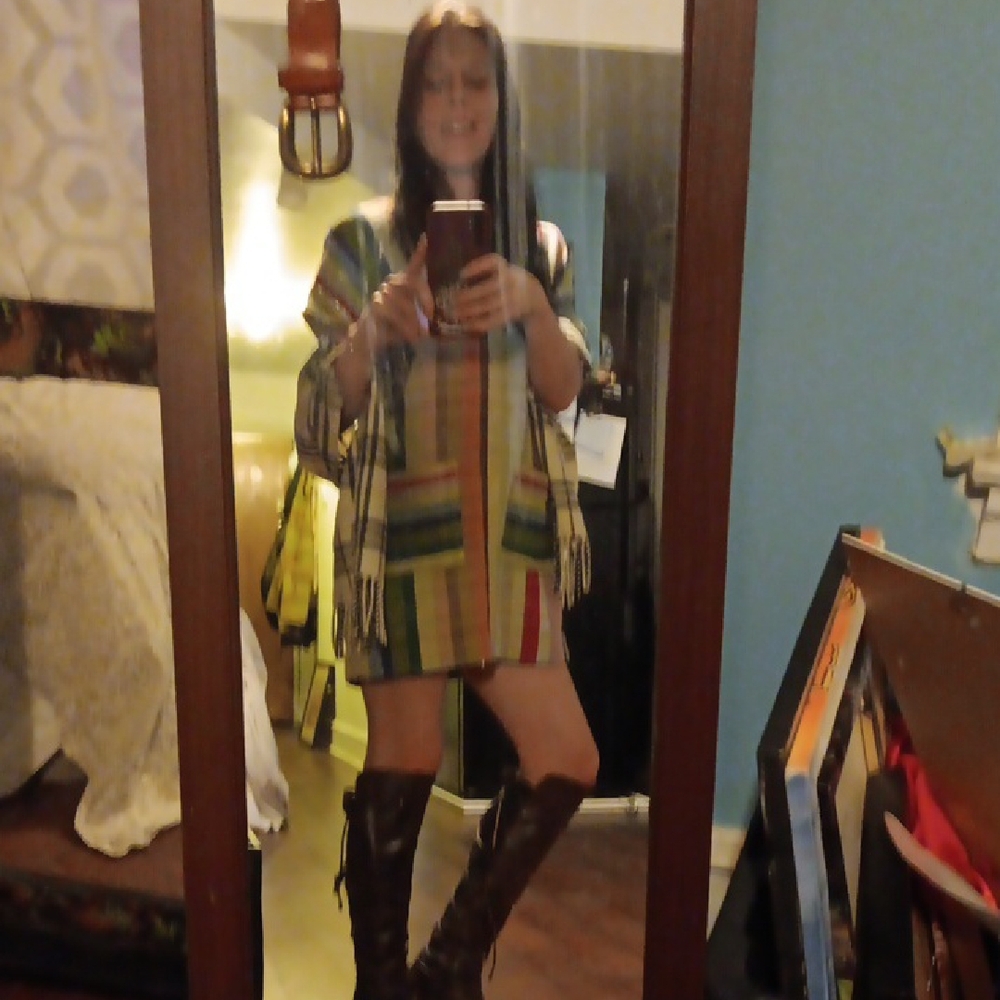 "WARM" Multicolor STRIPED Dress Also Shown W Grain Leather Belt Sold Seperately - Picture 2 of 13